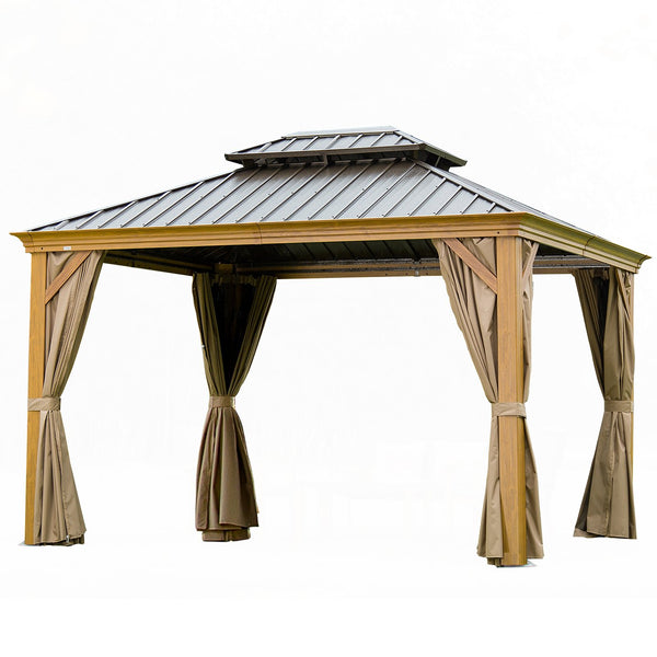 English Elm 12'X14' Stylish Hardtop Gazebo With Ventilated Double Roof, Weather-Resistant Frame & Curtains W1859S00011