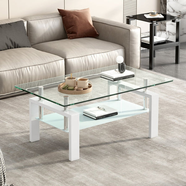 English Elm Tempered Glass Two Tier Coffee Table with Metal Legs for Modern Living Rooms W1718120236