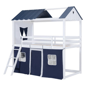English Elm Twin Playhouse Bunk Bed Pinewood Cottage Style with Framed Windows and Cozy Lower Nook LT000359AAC