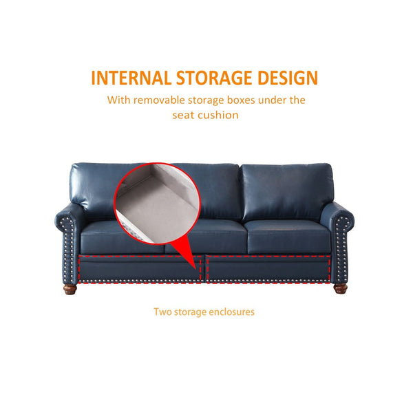 English Elm Living Room Sectional Sofa Set with Hidden Storage Pu Leather Nailhead Trim Navy Blue W1097S00275