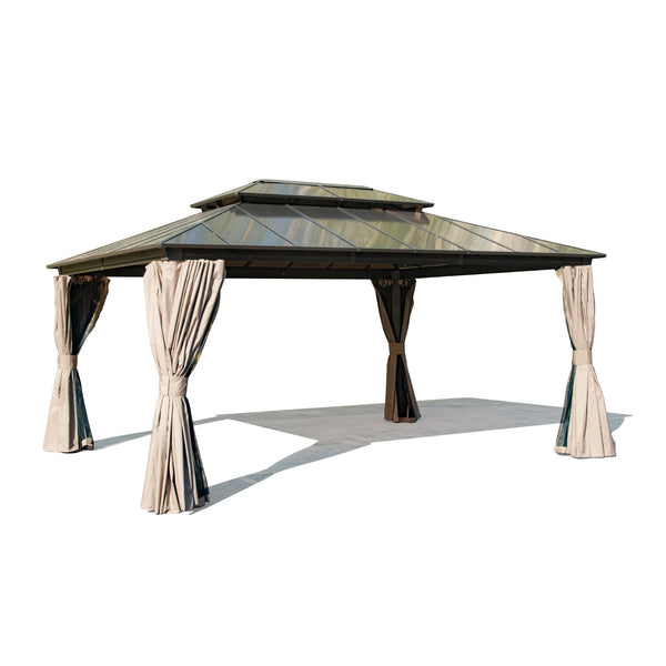 English Elm 12X16Ft Hardtop Gazebo - Stylish Permanent Pavilion With Uv-Blocking Roof, Curtains & Netting For Outdoors W1859S00025