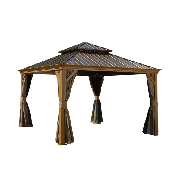 English Elm 12'X12' Hardtop Gazebo - Elegant Aluminum Frame Pavilion With Double Roof, Curtains & Netting For Outdoors W1859S00009