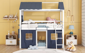 English Elm Twin Playhouse Bunk Bed Pinewood Cottage Style with Framed Windows and Cozy Lower Nook LT000359AAC