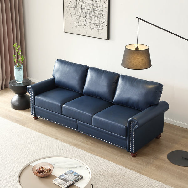 English Elm Living Room Sofa With Storage - Stylish 2+3 Sectional In Navy Blue Faux Leather For Ultimate Comfort W1097S00164