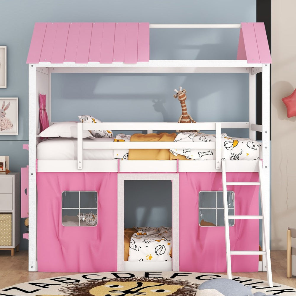 English Elm Twin Playhouse Bunk Bed Pinewood Cottage Style with Framed Windows and Cozy Lower Nook LT000359AAH