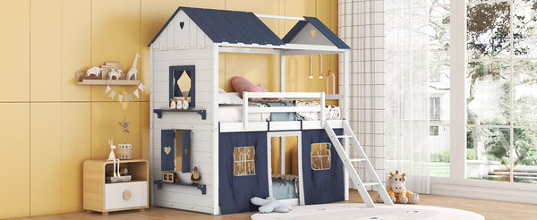 English Elm Twin Playhouse Bunk Bed Pinewood Cottage Style with Framed Windows and Cozy Lower Nook LT000359AAC