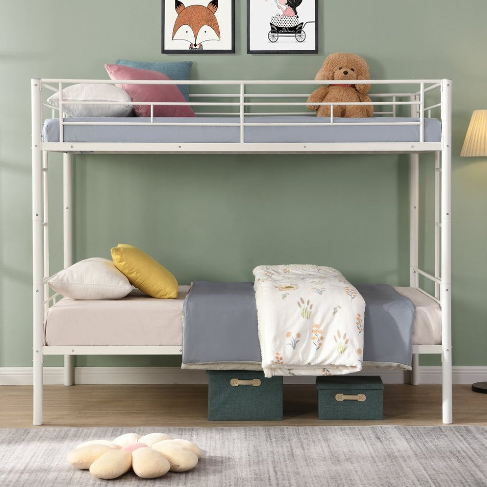 English Elm Metal Twin Over Bunk Bed with Stairs Steel Frame Kids Shared Bedroom White W311120499