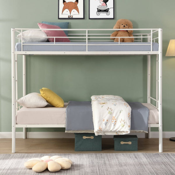 English Elm Metal Twin Over Bunk Bed with Stairs Steel Frame Kids Shared Bedroom White W311120499