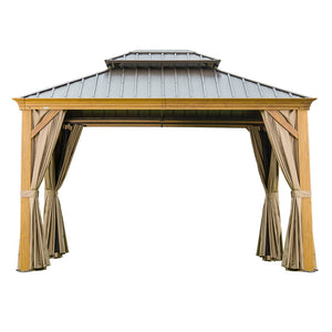 English Elm 10'x12' Hardtop Gazebo Aluminum Wood Grain Frame Steel Double Roof Patio Pavilion W1859S00218