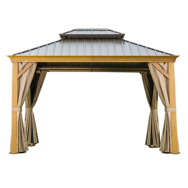English Elm 10'x12' Hardtop Gazebo Aluminum Wood Grain Frame Steel Double Roof Patio Pavilion W1859S00218