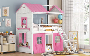 English Elm Twin Playhouse Bunk Bed Pinewood Cottage Style with Framed Windows and Cozy Lower Nook LT000359AAH