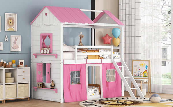 English Elm Twin Playhouse Bunk Bed Pinewood Cottage Style with Framed Windows and Cozy Lower Nook LT000359AAH