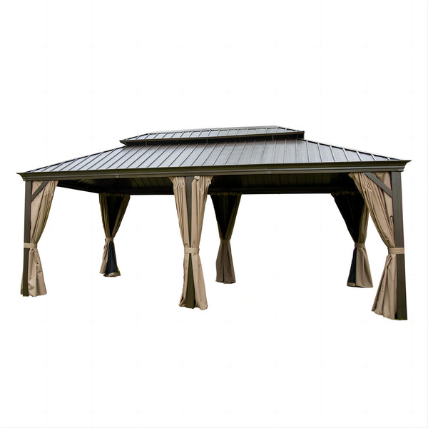 English Elm 12'X20' Hardtop Gazebo – Durable Aluminum Frame Canopy With Double Roof, Curtains & Netting For Patio W1859S00004