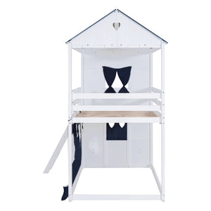English Elm Twin Playhouse Bunk Bed Pinewood Cottage Style with Framed Windows and Cozy Lower Nook LT000359AAC