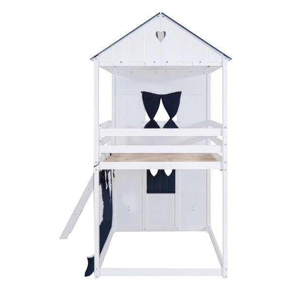 English Elm Twin Playhouse Bunk Bed Pinewood Cottage Style with Framed Windows and Cozy Lower Nook LT000359AAC