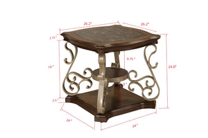 English Elm End Table with Marble Effect Top Birch Shelf and Ornate Serpentine Metal Legs W1708135330