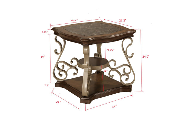 English Elm End Table with Marble Effect Top Birch Shelf and Ornate Serpentine Metal Legs W1708135330