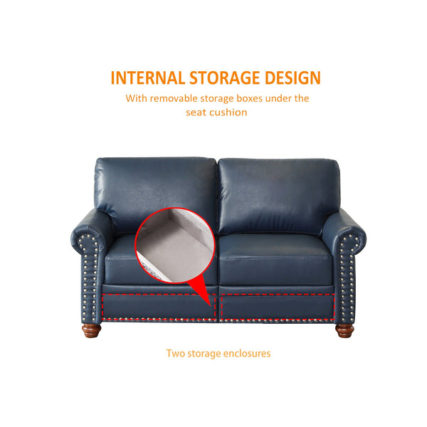 English Elm Living Room Sofa Loveseat With Round Arms, Silver Nailhead Trim, Navy Faux Leather & Storage Compartment W1097S00162