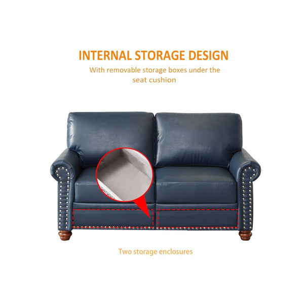 English Elm Living Room Sectional Sofa Set with Hidden Storage Pu Leather Nailhead Trim Navy Blue W1097S00275