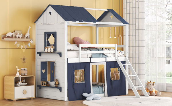 English Elm Twin Playhouse Bunk Bed Pinewood Cottage Style with Framed Windows and Cozy Lower Nook LT000359AAC