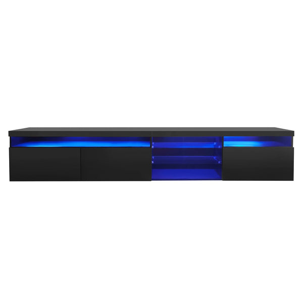 English Elm Unique Low Profile Media Console with Led Lighting Glass Shelves Fits Tvs to 105 Black N721S000057B