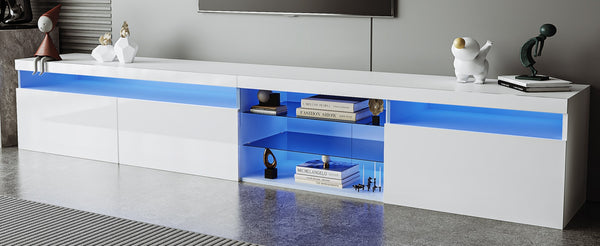 English Elm Unique Low Profile Media Console with Led Lighting Glass Shelves Fits Tvs to 105 White N721S000057K