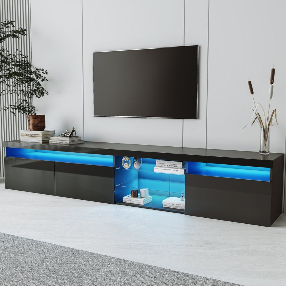 English Elm Unique Low Profile Media Console with Led Lighting Glass Shelves Fits Tvs to 105 Black WF314584AAB