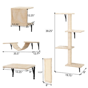 English Elm 5 Piece Wall Mounted Cat Tree with Sisal Posts Flannel Condo Perches and Rope Bridge Beige W2181P144434