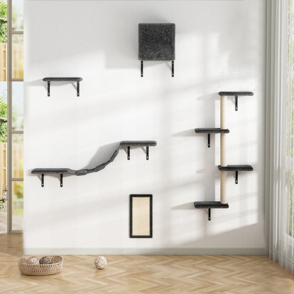 English Elm 5 Piece Wall Mounted Cat Tree with Sisal Posts Flannel Condo Perches and Rope Bridge Gray W2181P144416