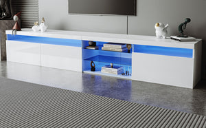 English Elm Unique Low Profile Media Console with Led Lighting Glass Shelves Fits Tvs to 105 White WF314584AAK