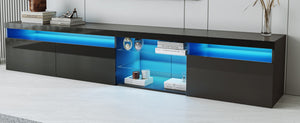 English Elm Unique Low Profile Media Console with Led Lighting Glass Shelves Fits Tvs to 105 Black WF314584AAB