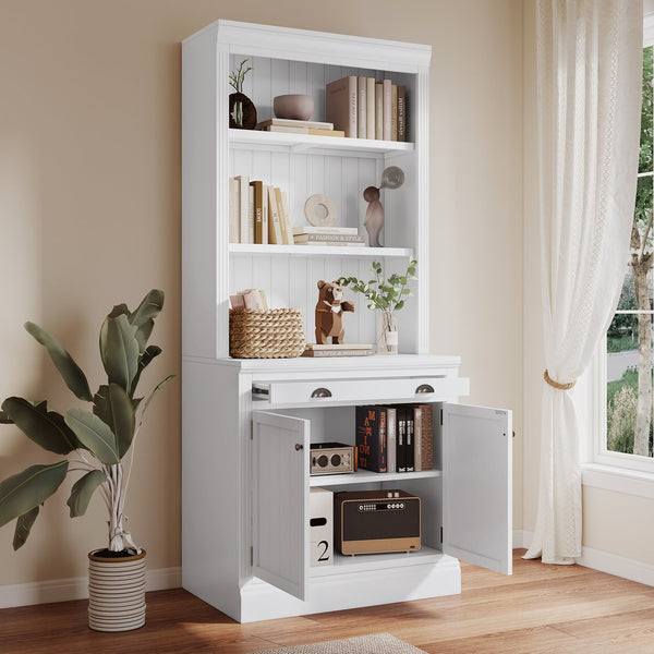 English Elm 83.4"Tall Bookcase with 3 LED Lights, Modern White Bookshelf with 2 Doors 1 Drawer & Adjustable Shelves SR000002AAK