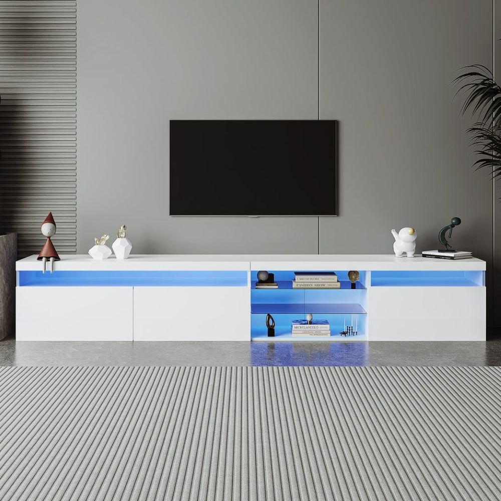 English Elm Unique Low Profile Media Console with Led Lighting Glass Shelves Fits Tvs to 105 White WF314584AAK