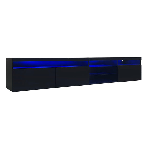 English Elm Unique Low Profile Media Console with Led Lighting Glass Shelves Fits Tvs to 105 Black N721S000057B