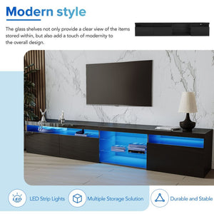 English Elm Unique Low Profile Media Console with Led Lighting Glass Shelves Fits Tvs to 105 Black N721S000057B