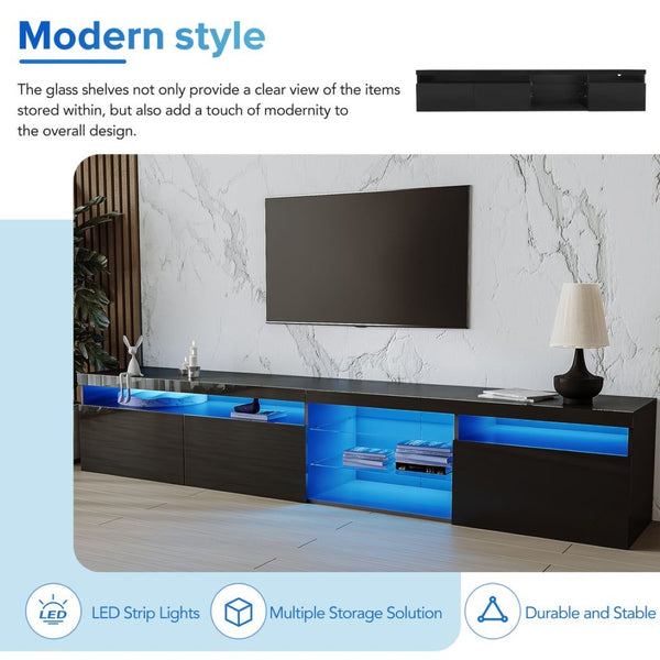 English Elm Unique Low Profile Media Console with Led Lighting Glass Shelves Fits Tvs to 105 Black N721S000057B