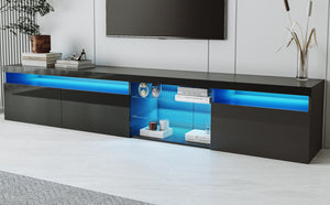 English Elm Unique Low Profile Media Console with Led Lighting Glass Shelves Fits Tvs to 105 Black WF314584AAB