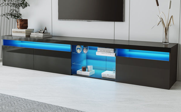 English Elm Unique Low Profile Media Console with Led Lighting Glass Shelves Fits Tvs to 105 Black WF314584AAB