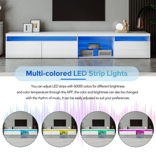 English Elm Unique Low Profile Media Console with Led Lighting Glass Shelves Fits Tvs to 105 White N721S000057K
