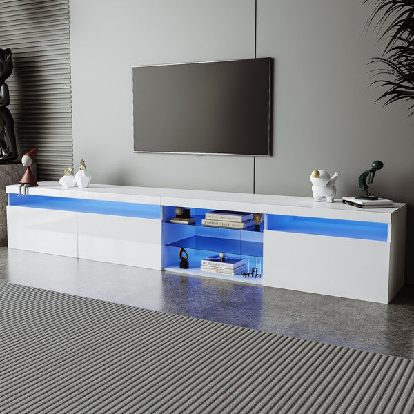 English Elm Unique Low Profile Media Console with Led Lighting Glass Shelves Fits Tvs to 105 White WF314584AAK