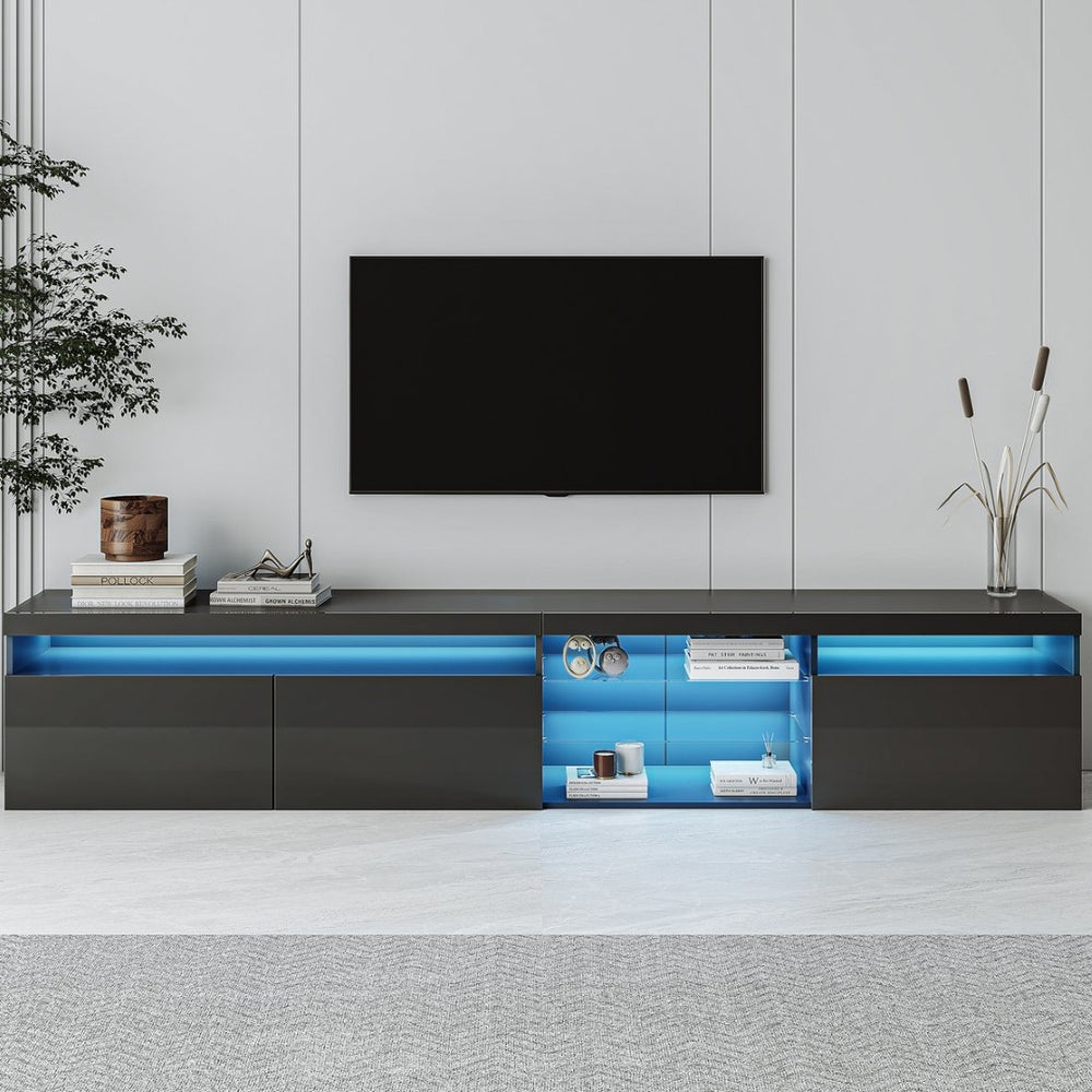 English Elm Unique Low Profile Media Console with Led Lighting Glass Shelves Fits Tvs to 105 Black WF314584AAB