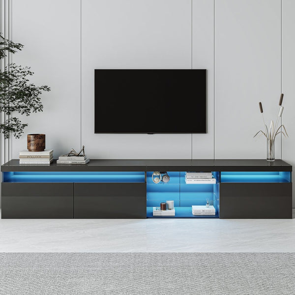 English Elm Unique Low Profile Media Console with Led Lighting Glass Shelves Fits Tvs to 105 Black N721S000057B