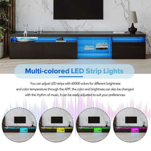 English Elm Unique Low Profile Media Console with Led Lighting Glass Shelves Fits Tvs to 105 Black WF314584AAB
