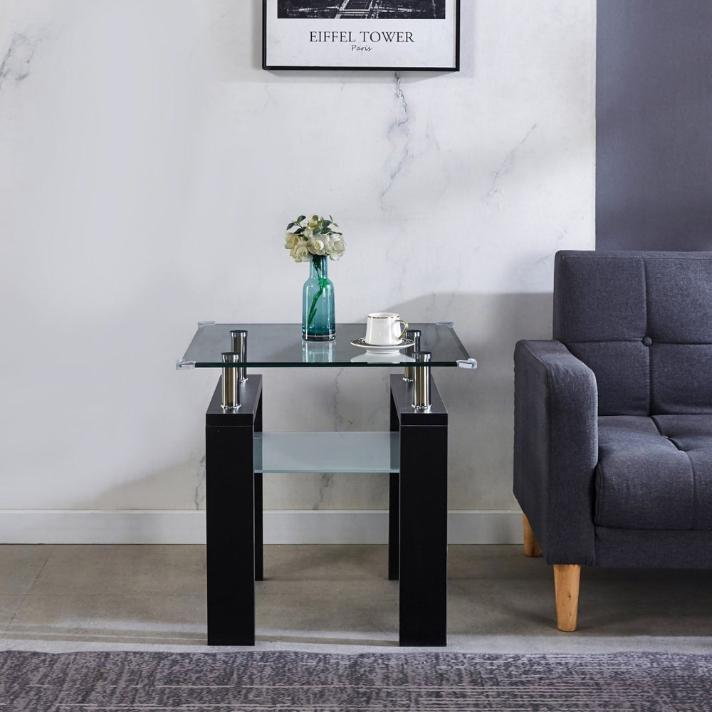 English Elm Clear Tempered Glass Square End Table Chrome Frame Frosted Shelf Modern Living Room W1311P144550