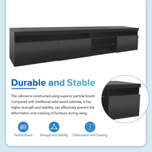 English Elm Unique Low Profile Media Console with Led Lighting Glass Shelves Fits Tvs to 105 Black WF314584AAB