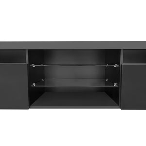 English Elm Unique Low Profile Media Console with Led Lighting Glass Shelves Fits Tvs to 105 Black N721S000057B