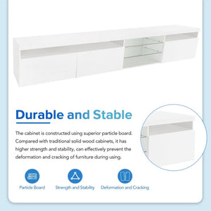 English Elm Unique Low Profile Media Console with Led Lighting Glass Shelves Fits Tvs to 105 White N721S000057K