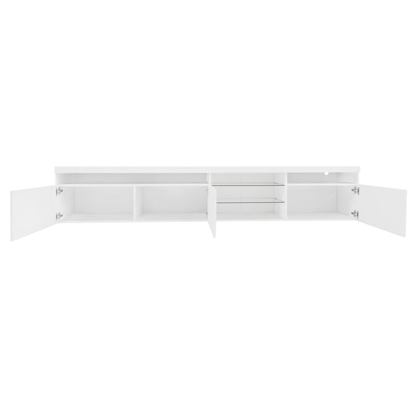 English Elm Unique Low Profile Media Console with Led Lighting Glass Shelves Fits Tvs to 105 White WF314584AAK