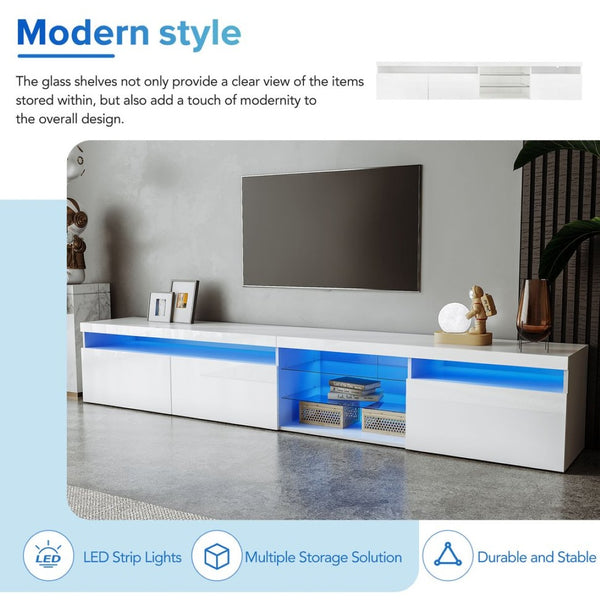English Elm Unique Low Profile Media Console with Led Lighting Glass Shelves Fits Tvs to 105 White N721S000057K