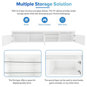 English Elm Unique Low Profile Media Console with Led Lighting Glass Shelves Fits Tvs to 105 White N721S000057K